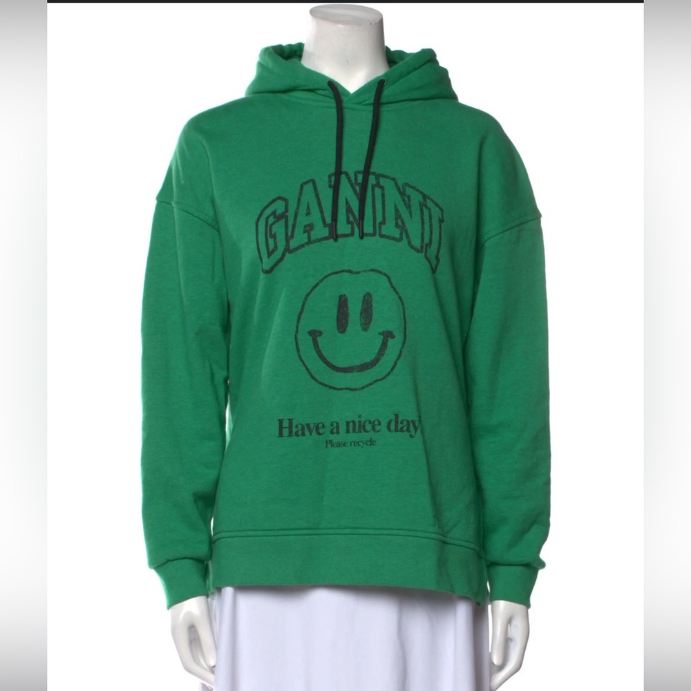NWT Ganni Green Hoodie with Smiley Graphic